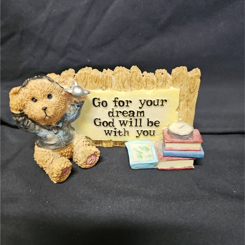 Vintage Pilot Teddy Bear Figurine Go For Your Dream God Will Be With You Resin
